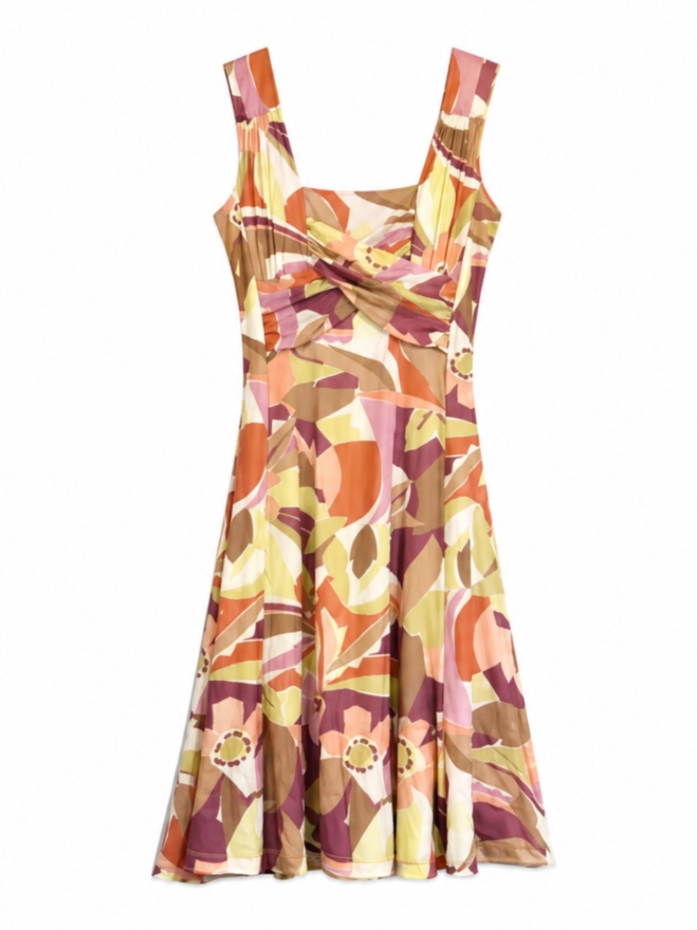 Retro Print Geometric & Floral A-Line Midi Dress w Square Neck — Size Medium GUC
